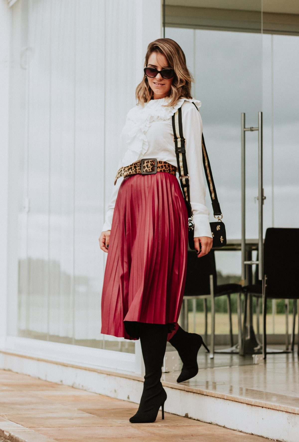pleated skirt outfit winter with boots and belt hourglass figure