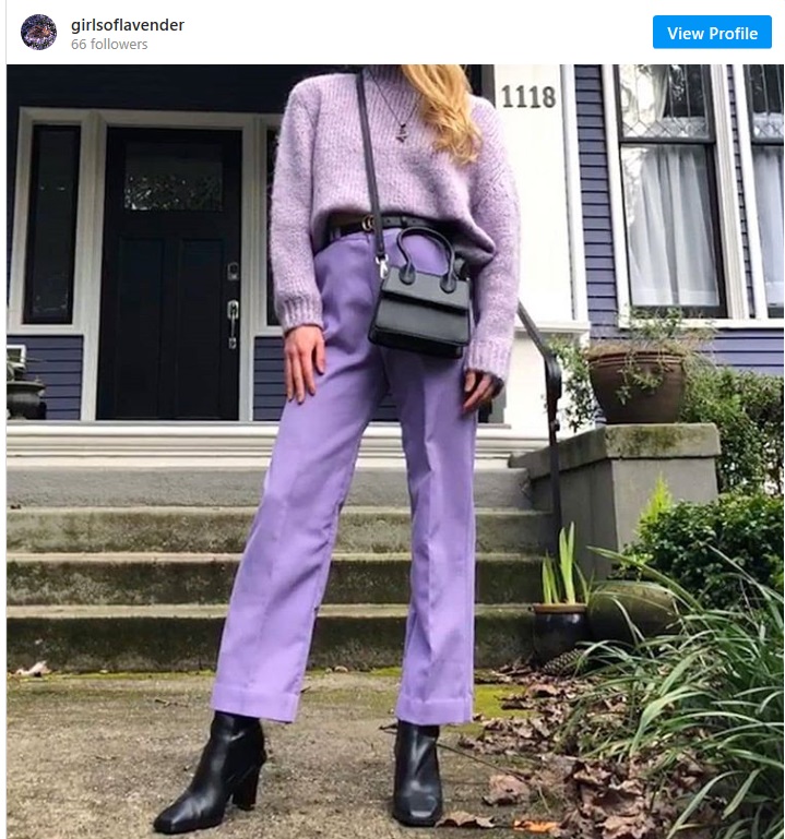all purple outfit combination with black shoes and accessories