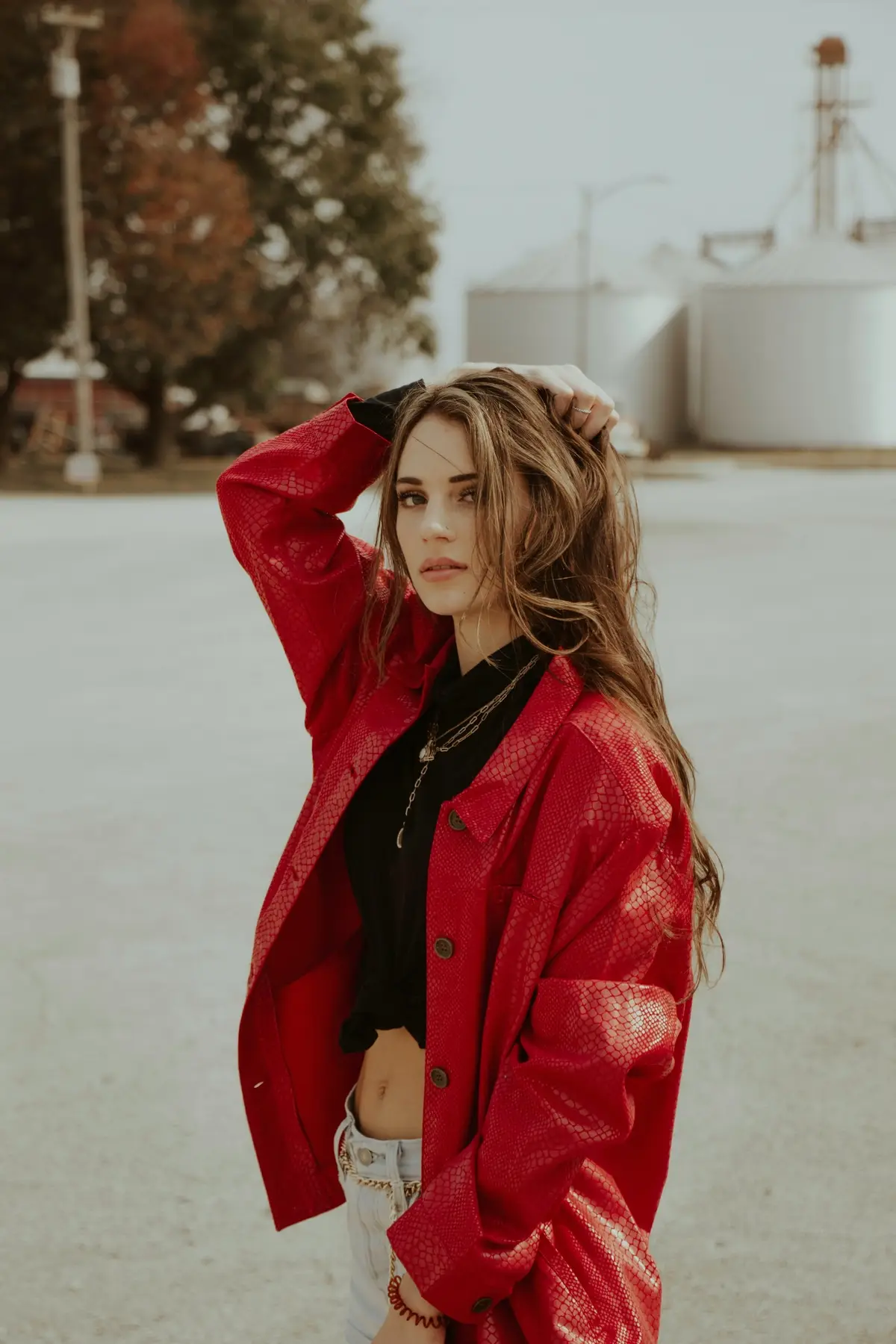 red jacket jeans and black crop top