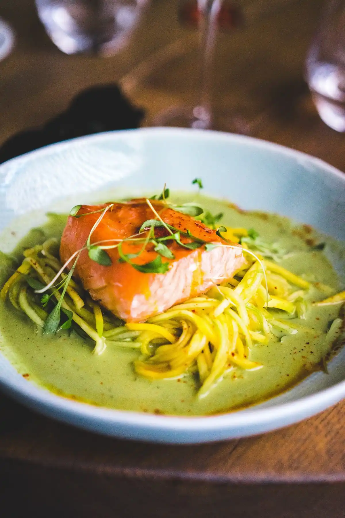 salmon with zucchini noodles and green sauce