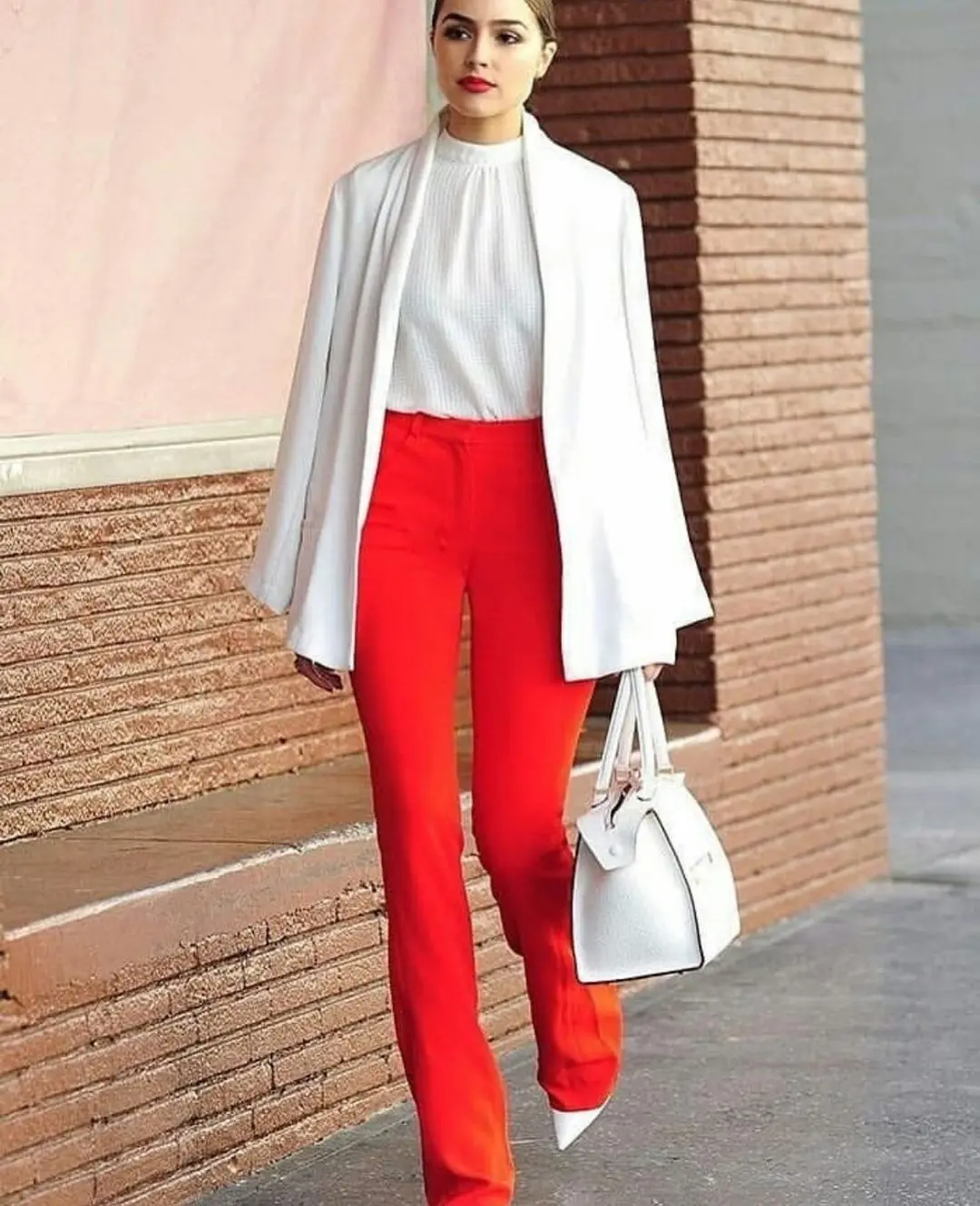 what to wear with red trousers white coat
