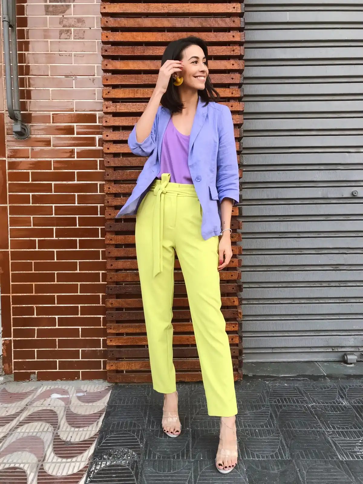 light purple blazer with yellow pants and transparent sandals (1)