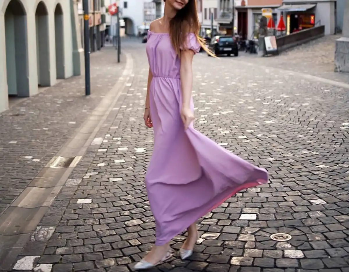 lilac maxi dress with silver ballerina shoes