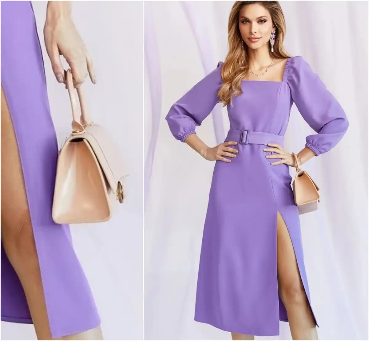 purple business dress with beige handbag