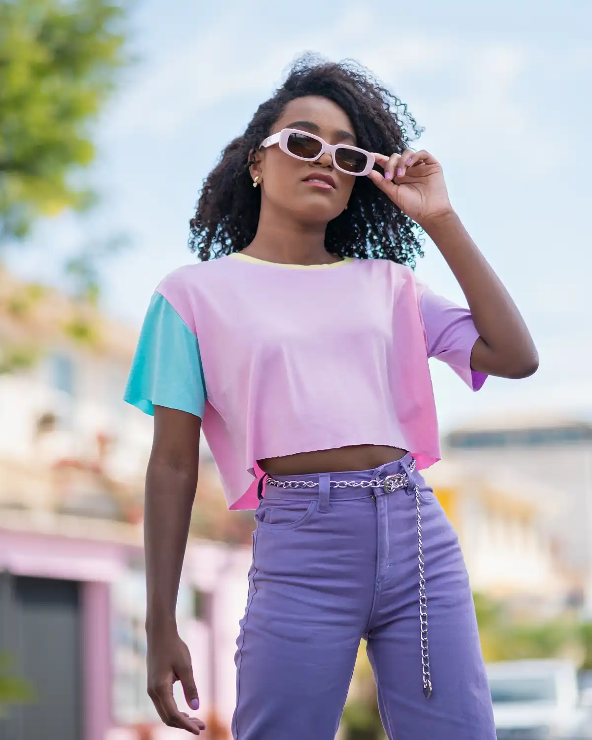 purple pants paired with pink top