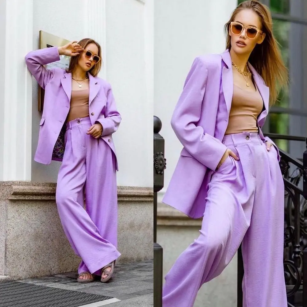 high waisted trousers beige top and purple blazer