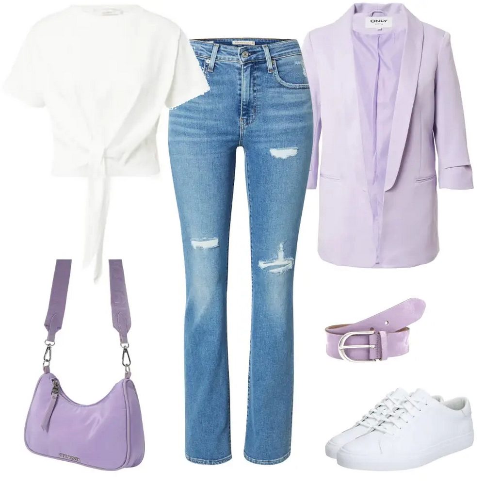 light purple blazer outfit with jeans white sneakers and white t-shirt