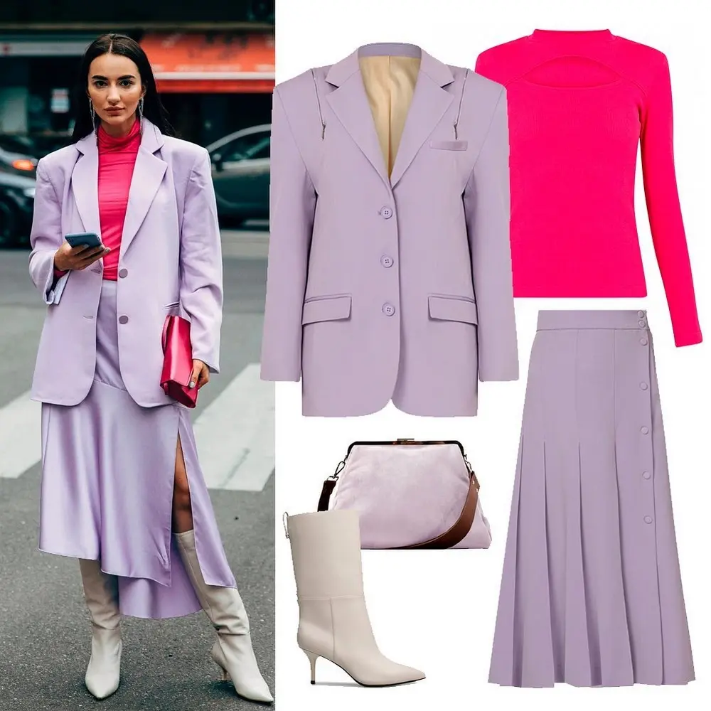 lilac purple blazer paired with pink bliuse and white boots