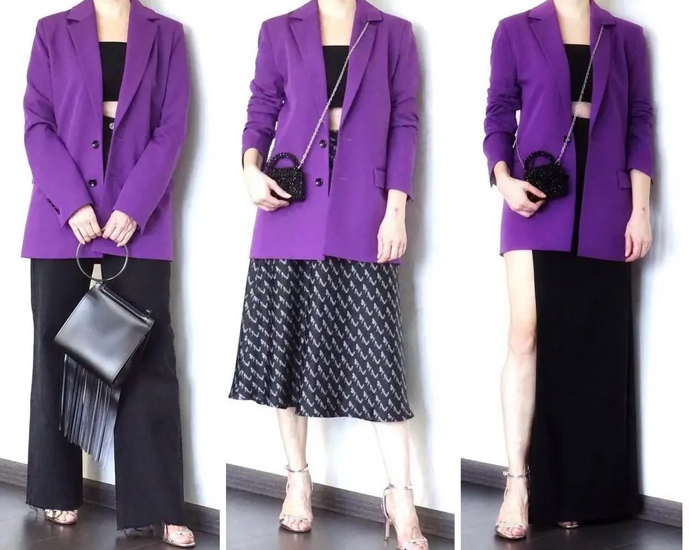 night out outfit ideas with dark purple blazer and black