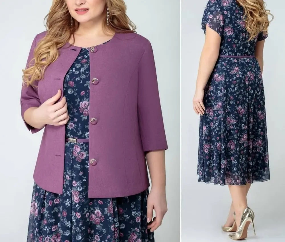 purple blazer paired with flower patterned dress and gold pumps