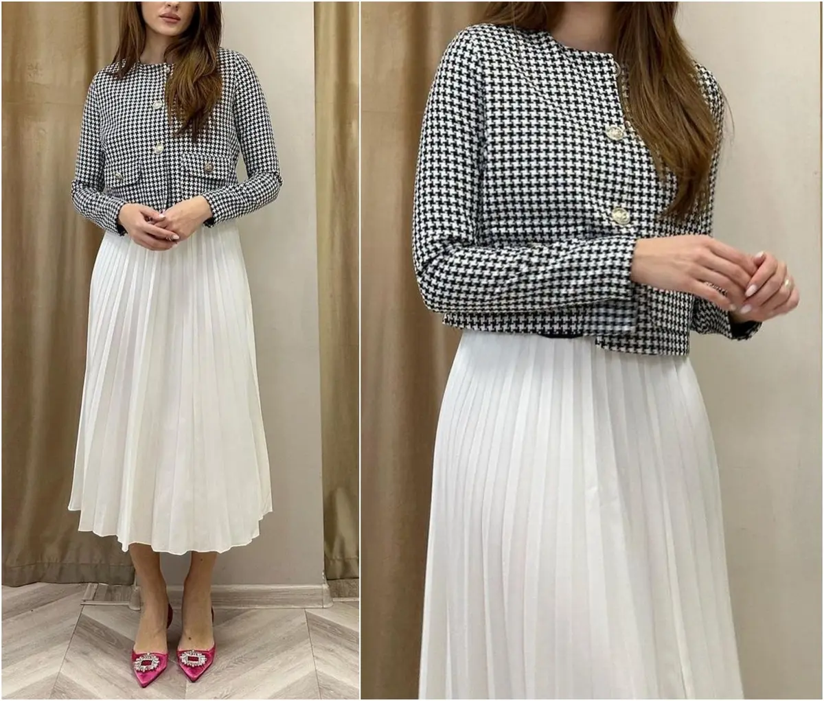 formal wedding guest outfit with white midi pleated skirt and blazer