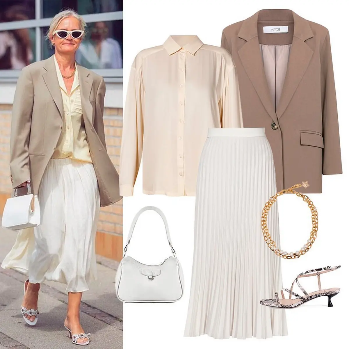 how to wear white pleated skirt to work with brown blazer and cream shirt