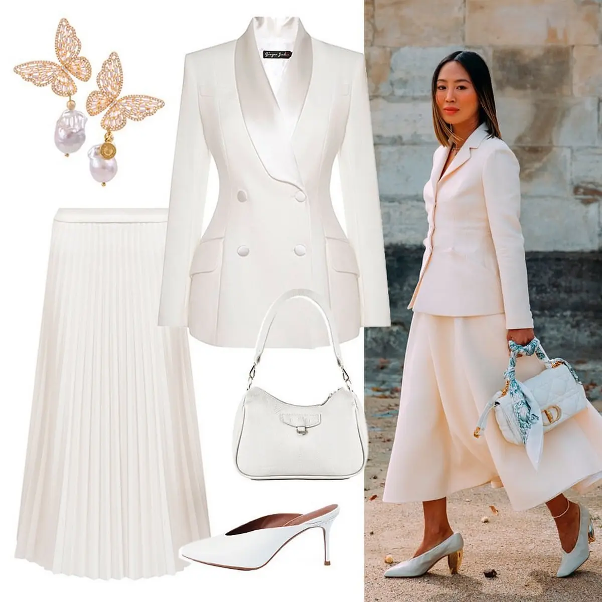 white wedding suit for bride with pleated skirt