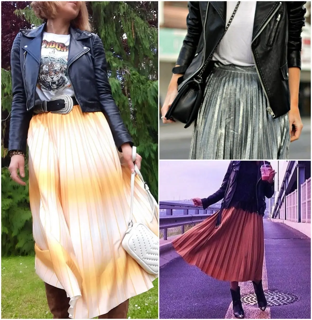long pleated skirt outfits paired with black leather jacket