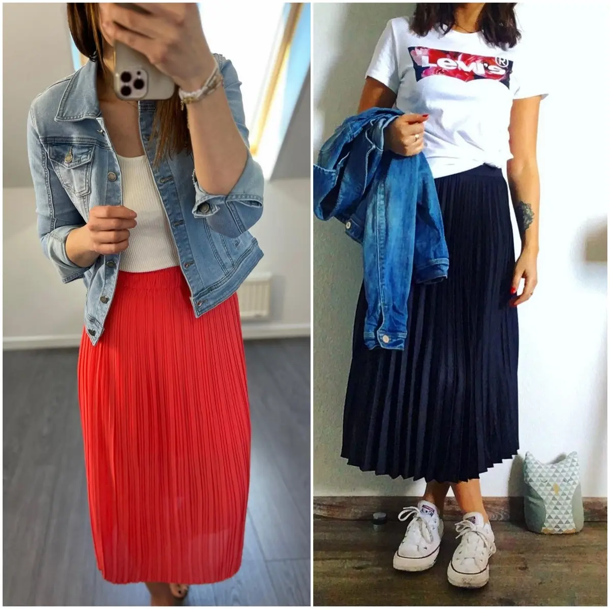 long skirt white blouse and denim jacket outfit