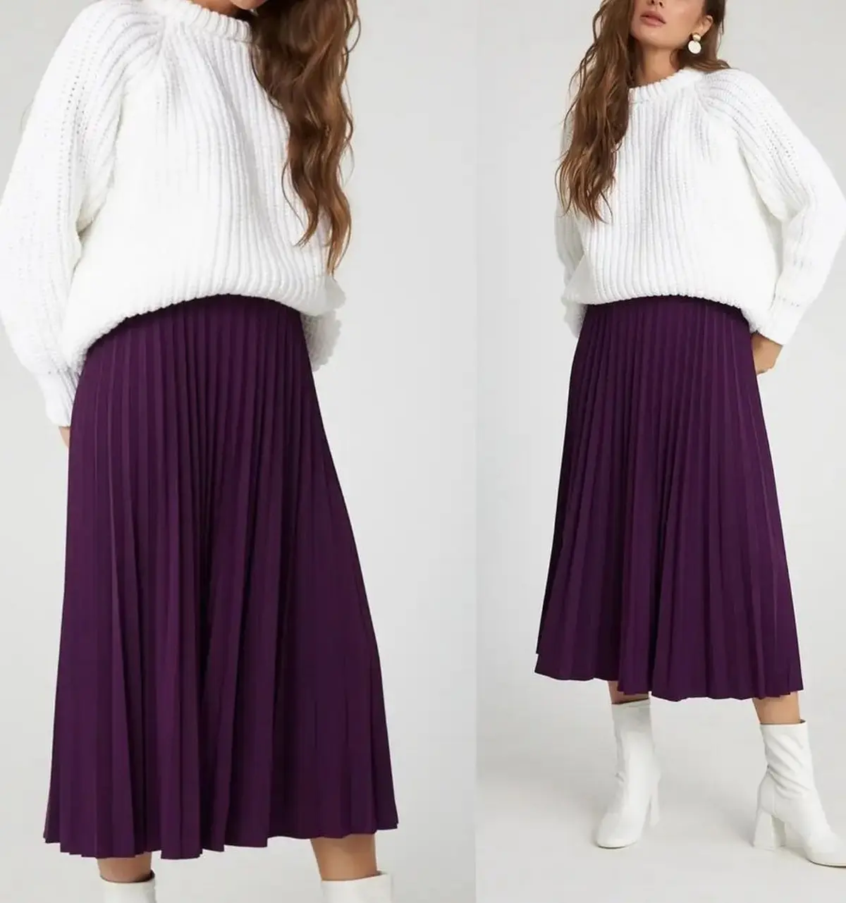 dark purple skirt paired with white sweater and boots perfect for winter
