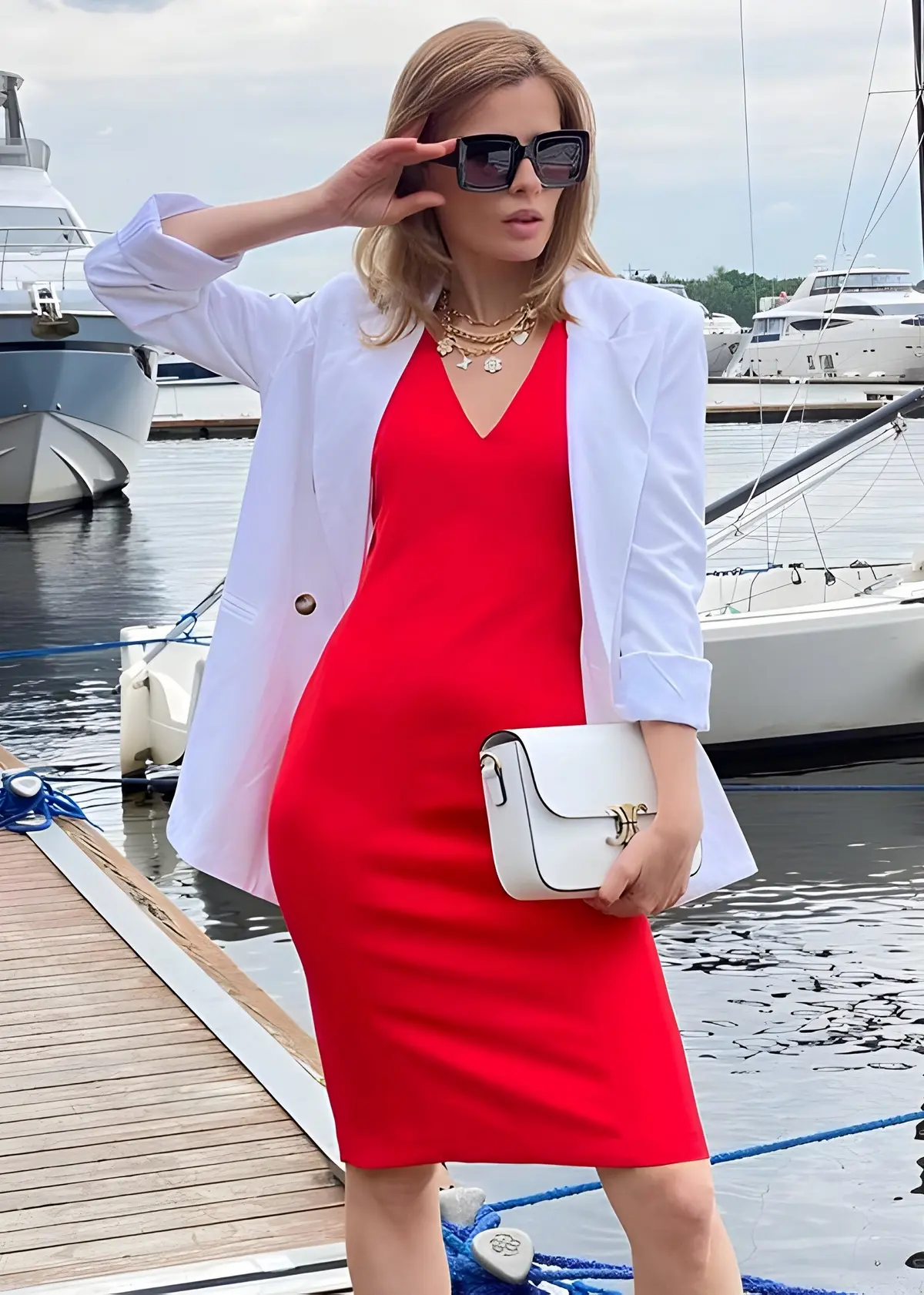 red dress paired with white jacket and handbag