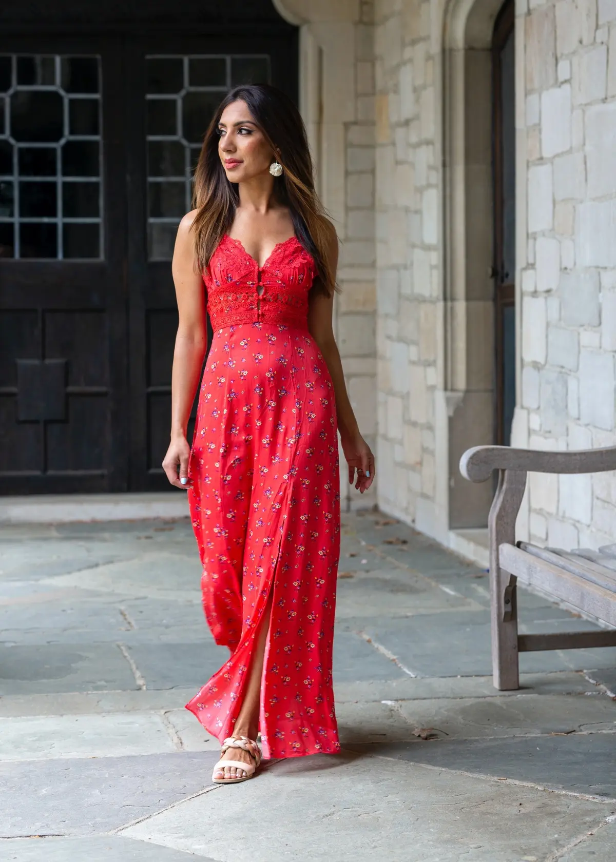 red maxi summer dress paired with nude flat sandals