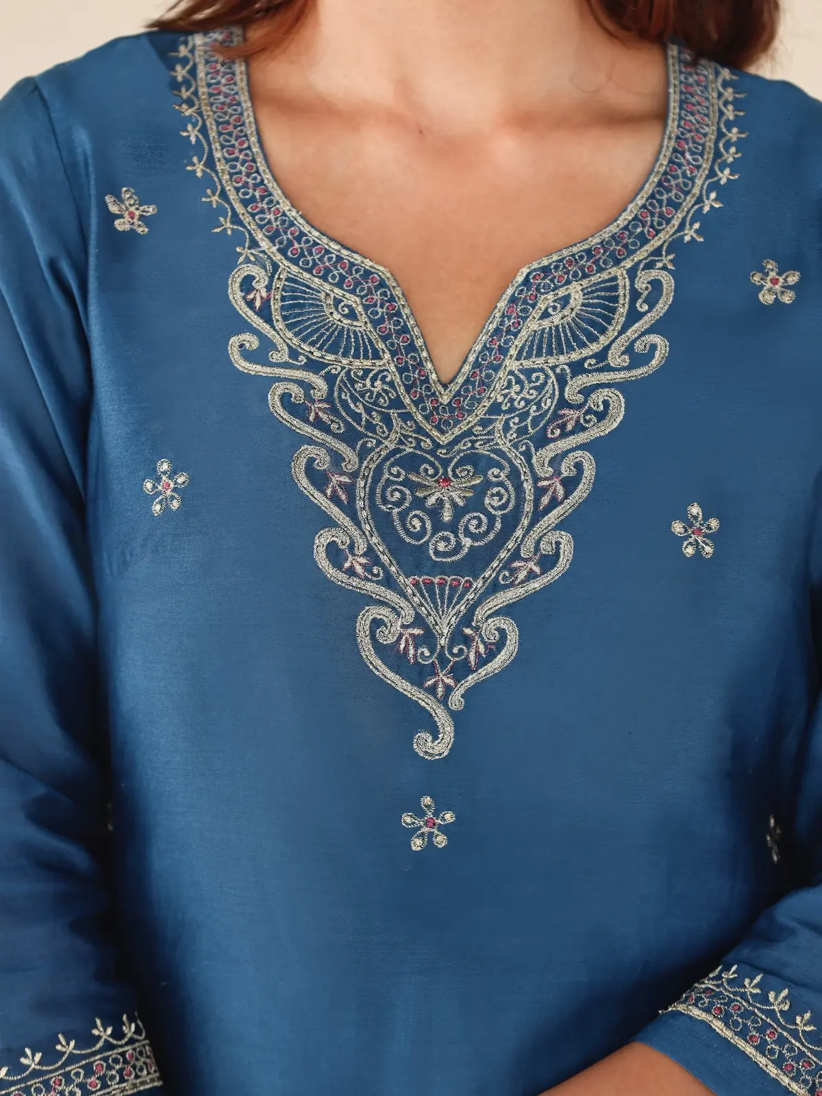 blue shirt with v neck and beautiful embroidery