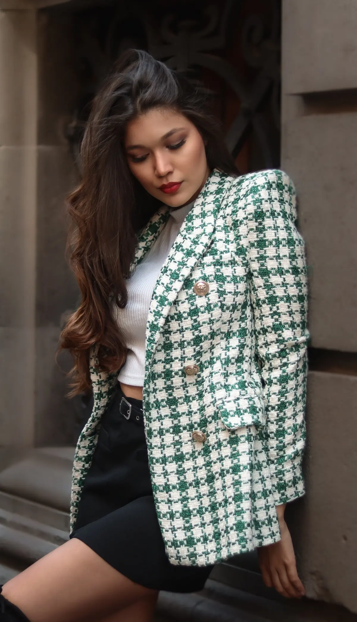 boucle blazer outfit with mini skirt and over the knee boots