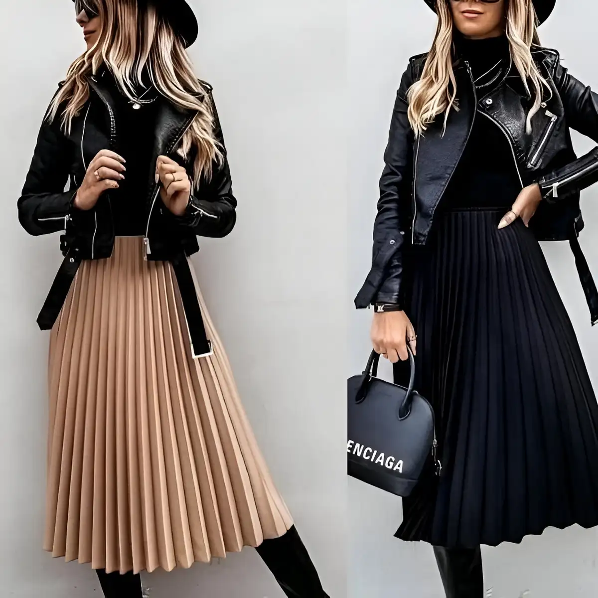 pleated skirt sweater outfit with black leather jacket