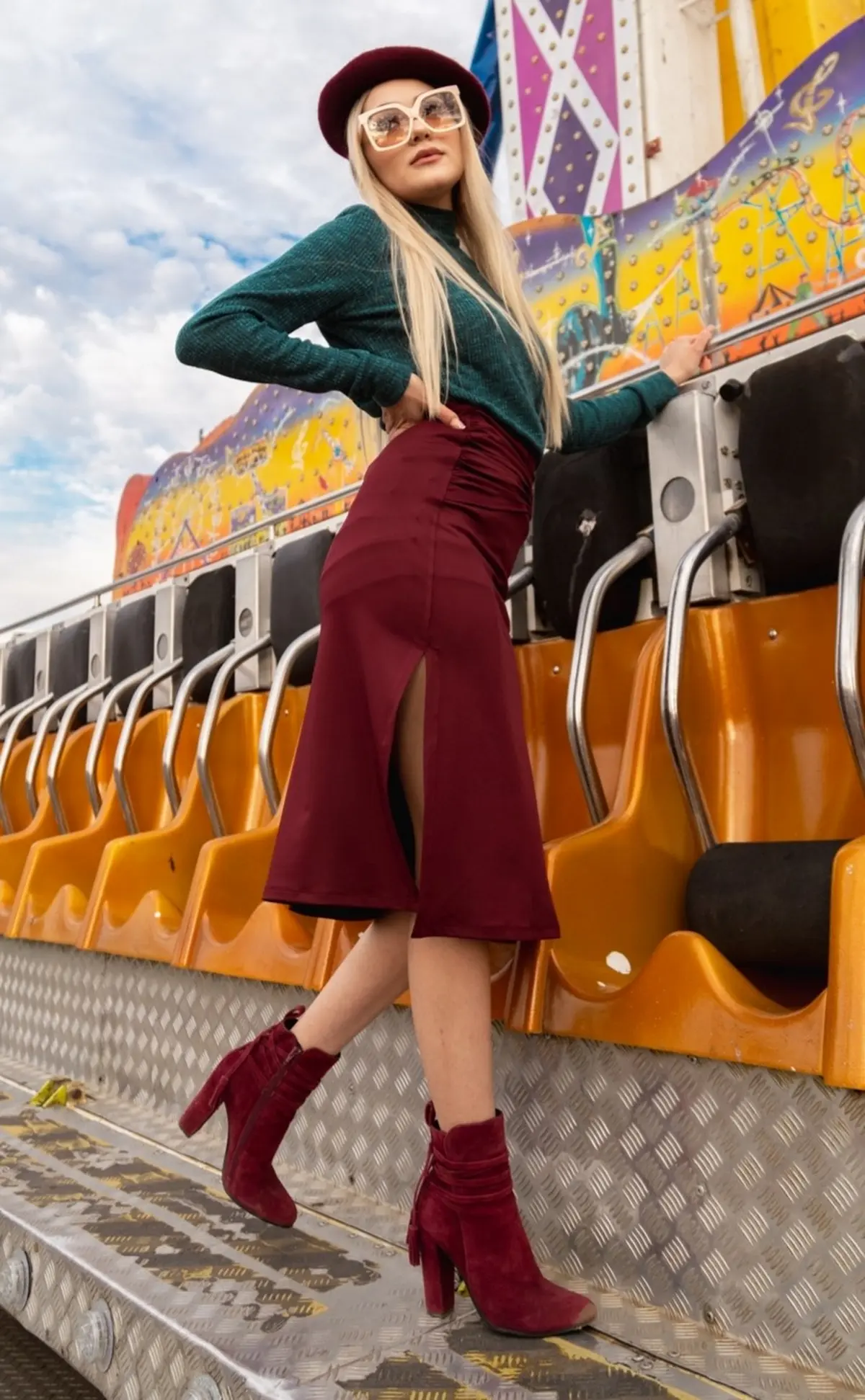 suede red ankle boots and midi skirt and green blouse beret