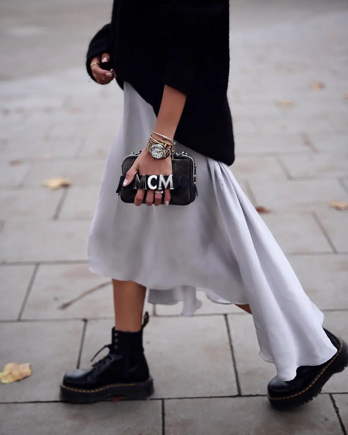 long satin skirt with combat boots