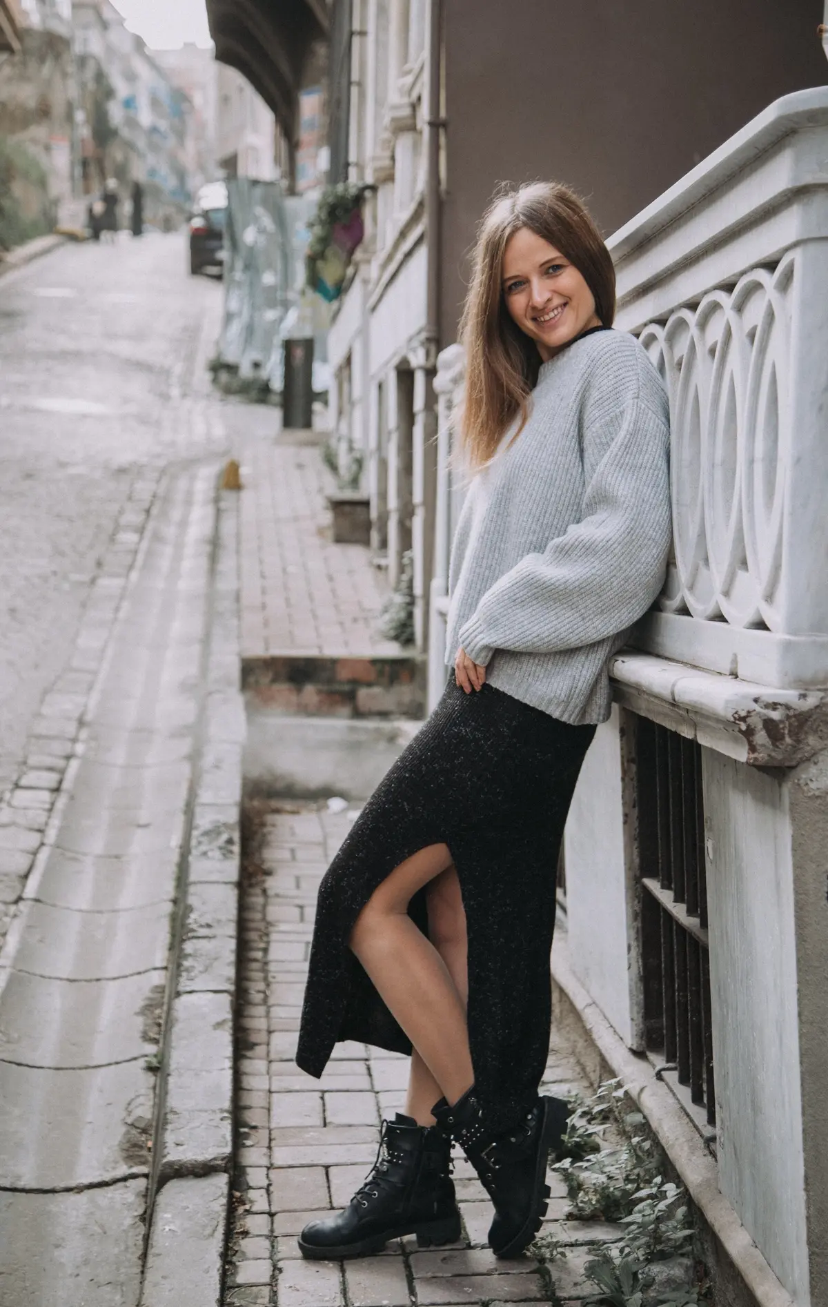midi knit pencil skirt with sweater and combat boots