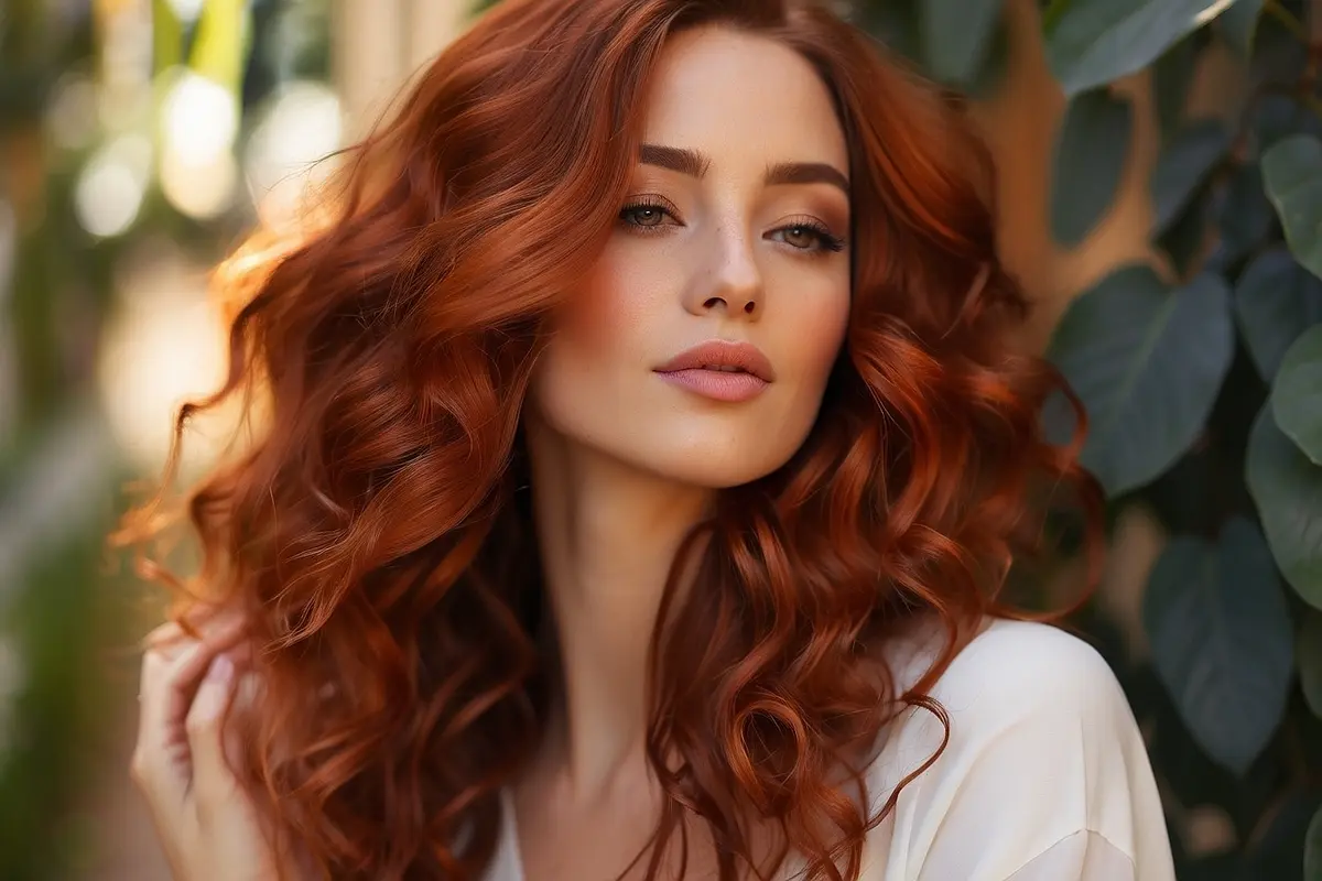 woman with beautiful brownish red hair hazel eyes
