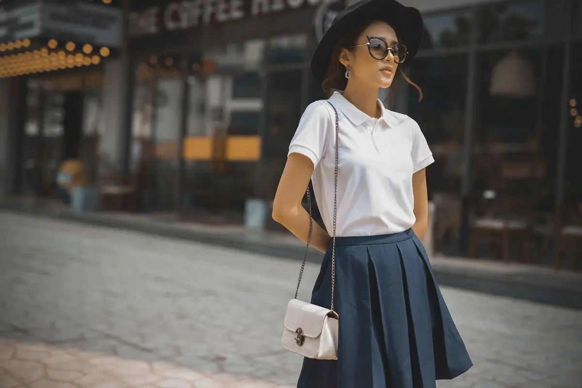 short pleated skirt paired with white t-shirt