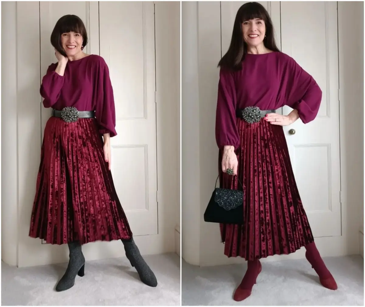 woman over 50 style pleated skirt with a statement belt